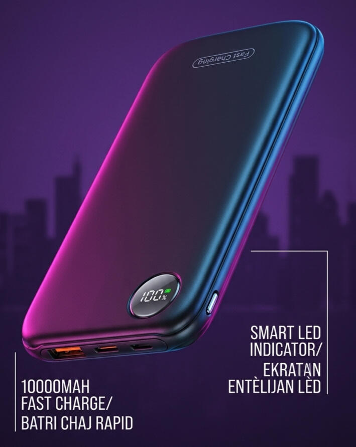 Batri Sekou Pòtab 10000mAh ak Ekran LED – Chaj Rapid pou Telefòn ak Modèm